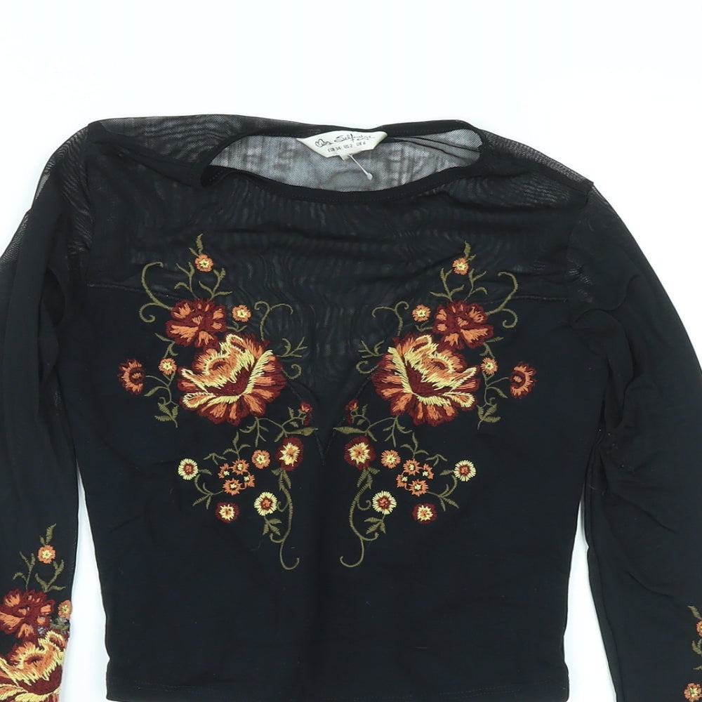 Miss Selfridge Womens Black Floral Polyester Basic T-Shirt Size 6 Round Neck - Embroidery