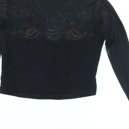 Miss Selfridge Womens Black Floral Polyester Basic T-Shirt Size 6 Round Neck - Embroidery