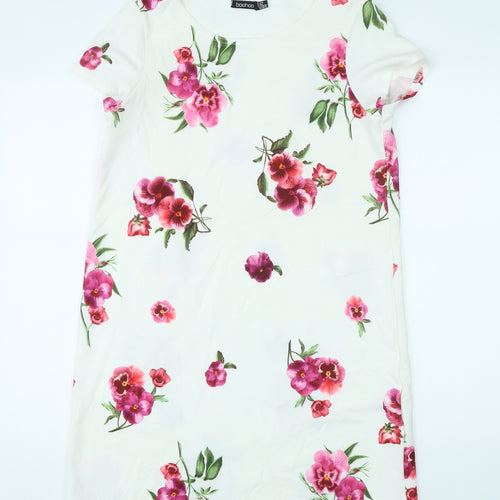 Boohoo Womens White Floral Polyester T-Shirt Dress Size 10 Round Neck