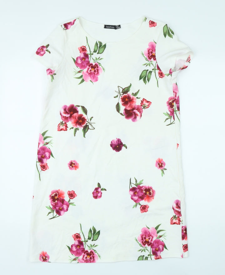 Boohoo Womens White Floral Polyester T-Shirt Dress Size 10 Round Neck
