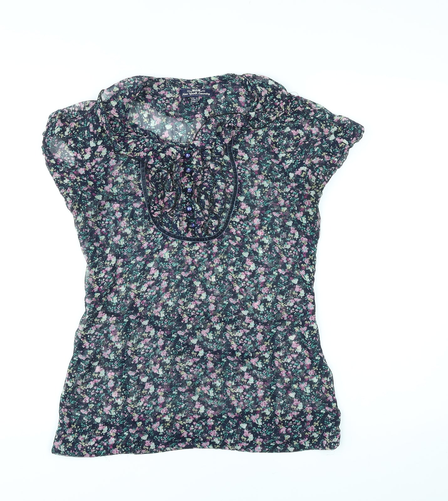 New York Laundry Womens Blue Floral Polyester Basic Blouse Size 10 V-Neck