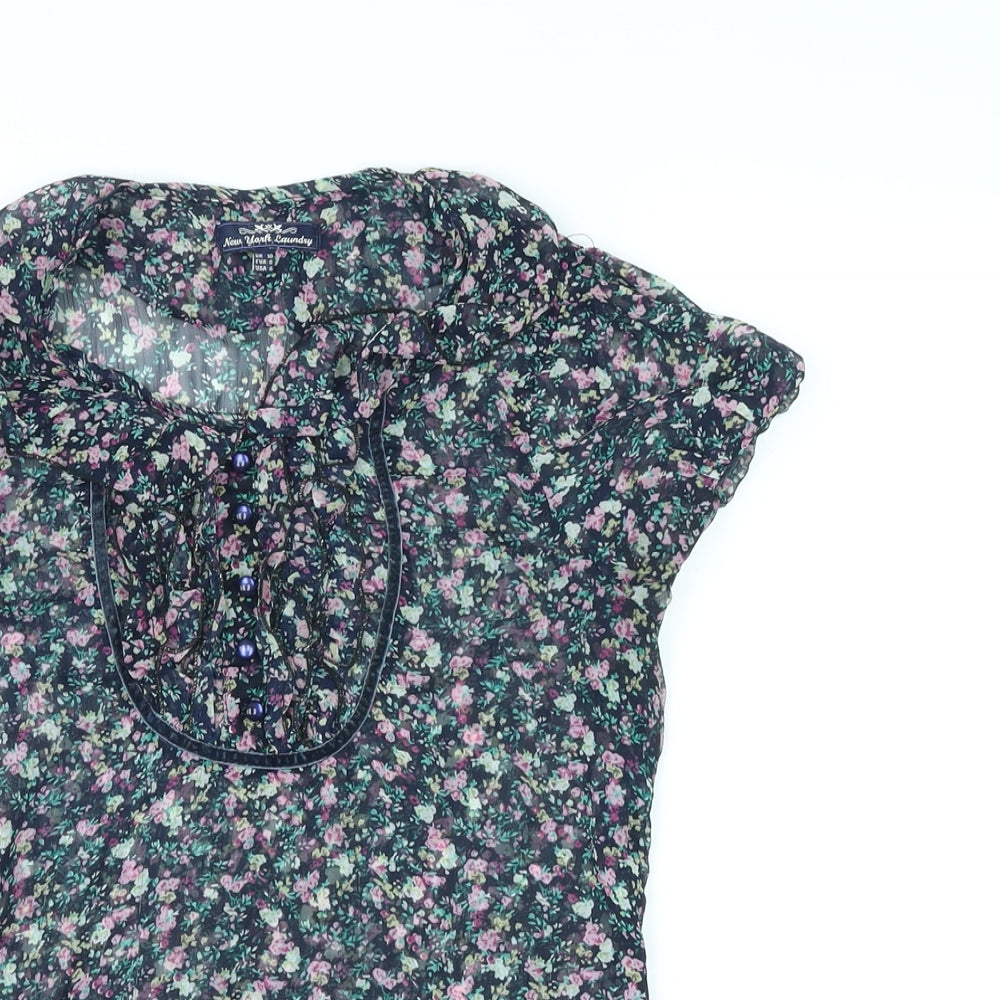 New York Laundry Womens Blue Floral Polyester Basic Blouse Size 10 V-Neck
