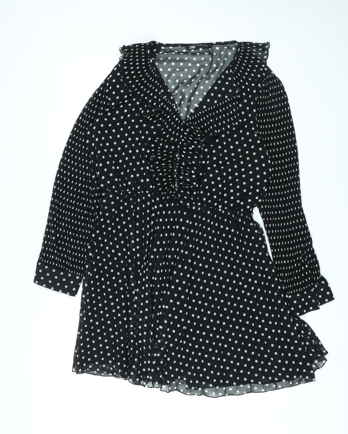 Zara Womens Black Polka Dot Polyester A-Line Size XL V-Neck Pullover