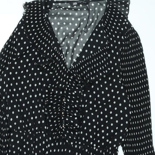 Zara Womens Black Polka Dot Polyester A-Line Size XL V-Neck Pullover