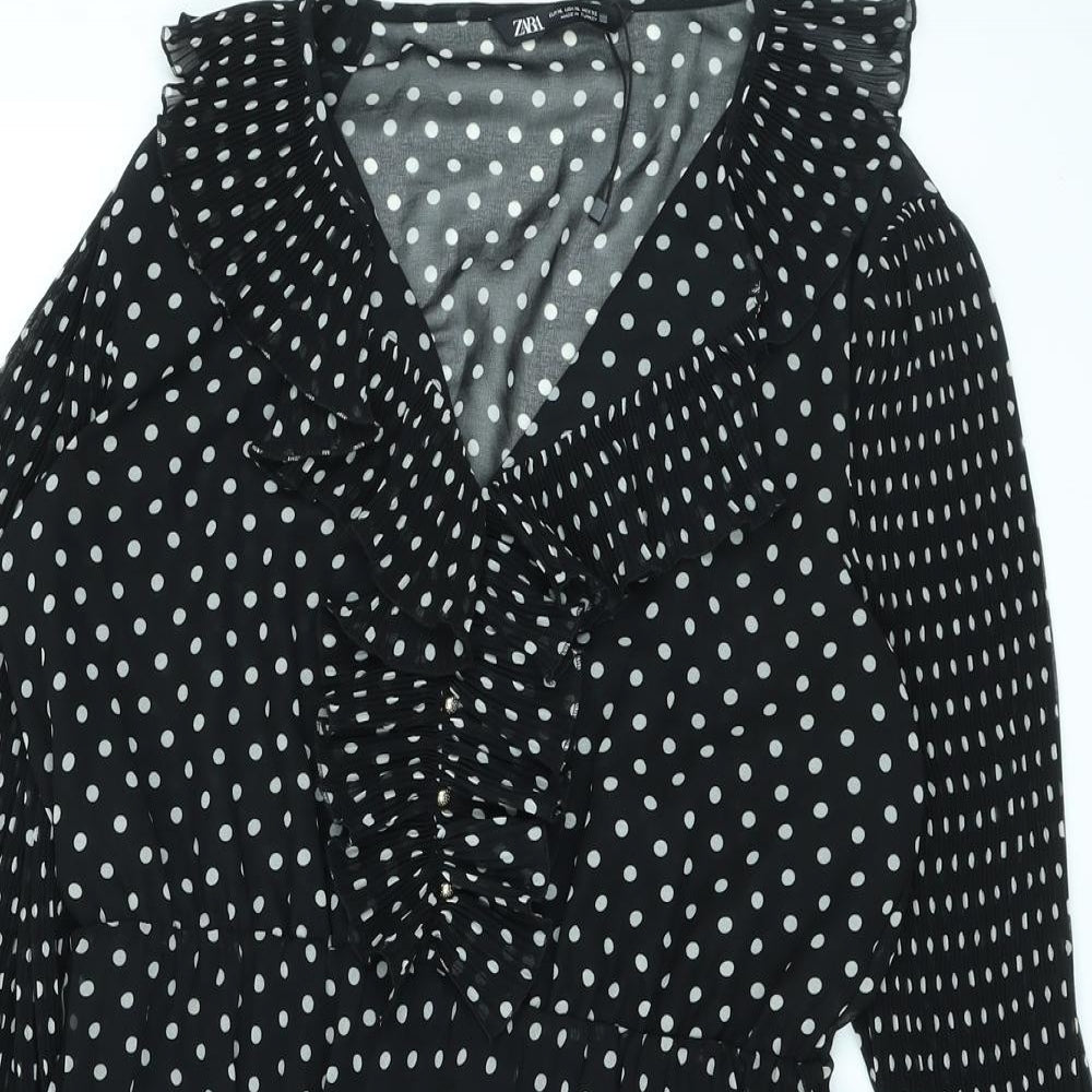 Zara Womens Black Polka Dot Polyester A-Line Size XL V-Neck Pullover