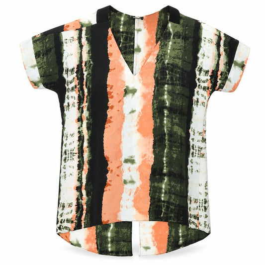 Front view of River Island women’s multicoloured geometric polyester basic t-shirt, size UK 8, v-neck - cold shoulder