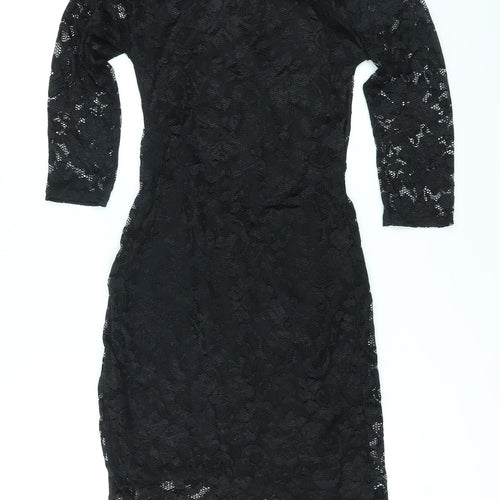Boohoo Womens Black Floral Nylon Bodycon Size 8 Round Neck Pullover - Backless, Lace