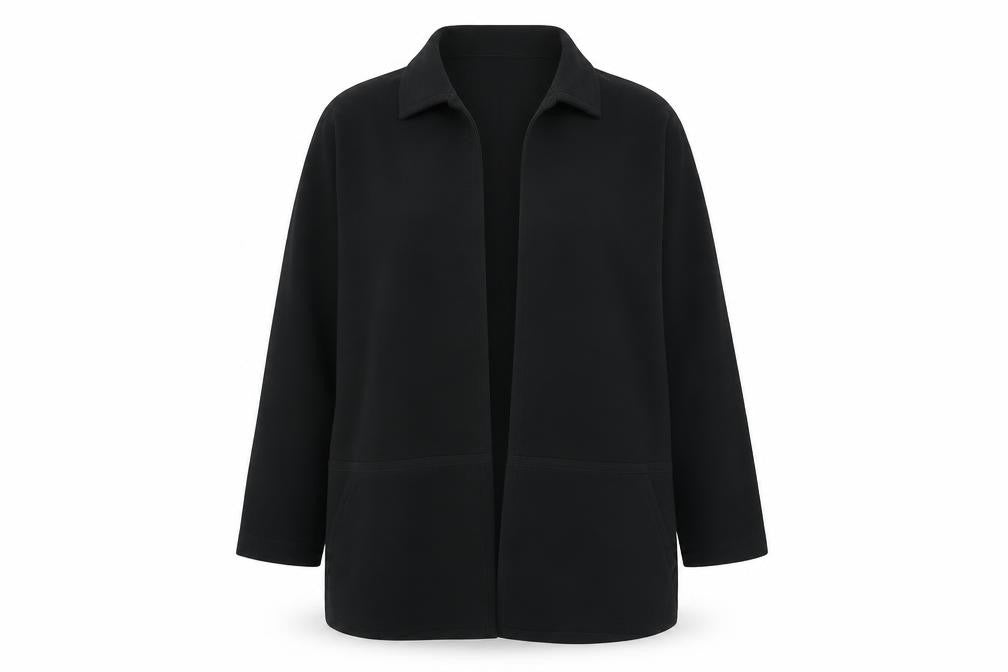 Front view of Platinum women’s black collared polyester cardigan jumper, size UK 12