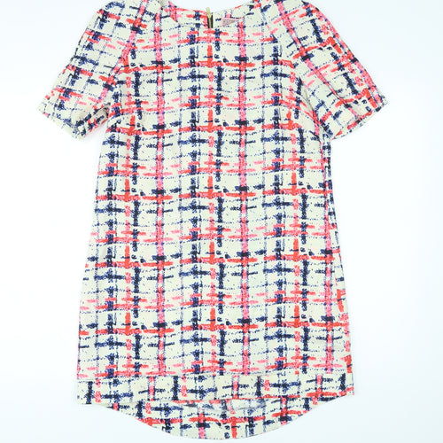 Neon Rose Womens Ivory Plaid Polyester T-Shirt Dress Size 12 Round Neck Zip