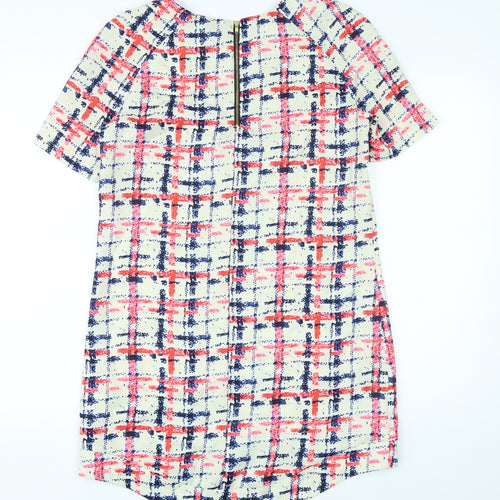 Neon Rose Womens Ivory Plaid Polyester T-Shirt Dress Size 12 Round Neck Zip
