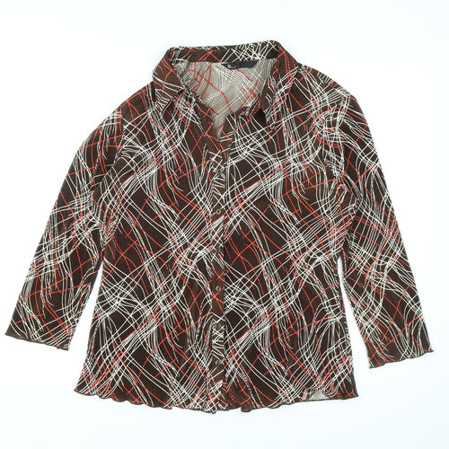 BHS Womens Brown Geometric Polyester Basic Button-Up Size 16 Collared