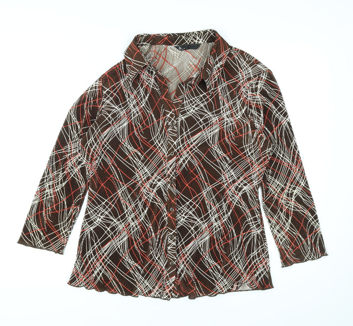 BHS Womens Brown Geometric Polyester Basic Button-Up Size 16 Collared