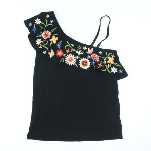 NEXT Womens Black Floral Cotton Basic Tank Size 6 One Shoulder - Embroidery