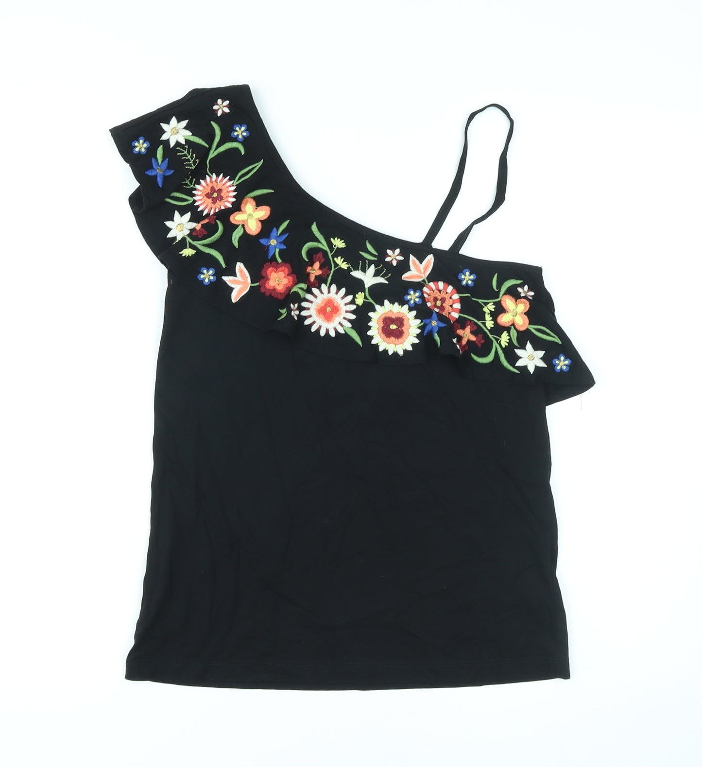 NEXT Womens Black Floral Cotton Basic Tank Size 6 One Shoulder - Embroidery