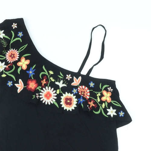 NEXT Womens Black Floral Cotton Basic Tank Size 6 One Shoulder - Embroidery