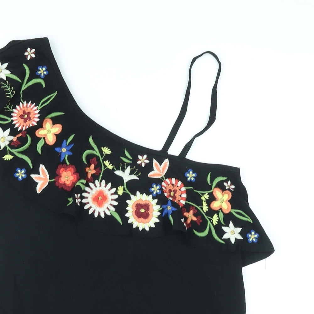 NEXT Womens Black Floral Cotton Basic Tank Size 6 One Shoulder - Embroidery