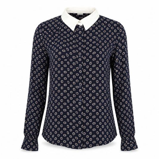 Front view of Cooperative women’s blue paisley viscose basic button-up, size S, collared