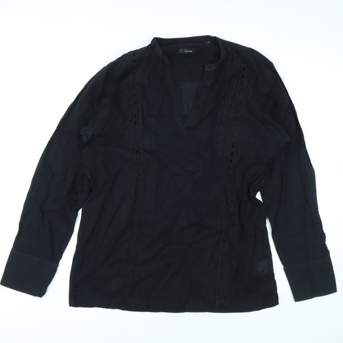 Cecil Gee Womens Black Geometric Cotton Basic Blouse Size M V-Neck - Embroidery