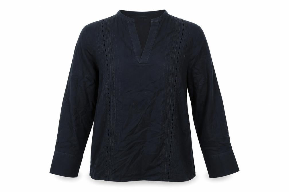 Front view of Cecil Gee women’s black geometric cotton basic blouse, size M, v-neck - embroidery