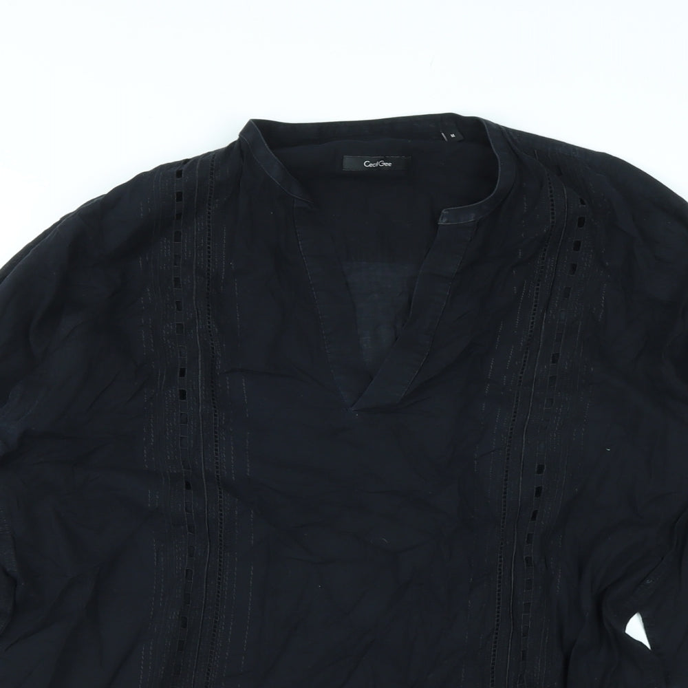 Cecil Gee Womens Black Geometric Cotton Basic Blouse Size M V-Neck - Embroidery