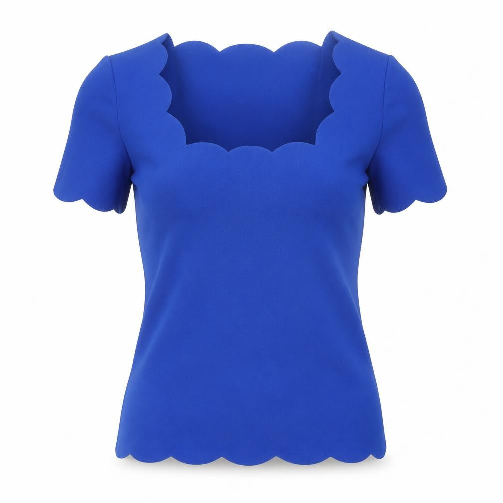 Front view of Dorothy Perkins women’s blue polyester basic t-shirt, size S, square neck - scalloped edging