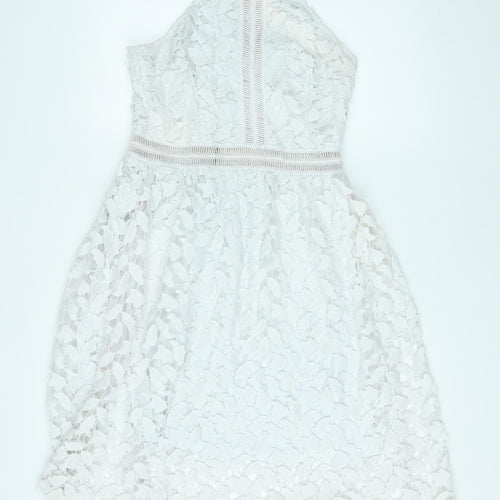 Danity Womens White Geometric Polyester A-Line Size L Halter Zip - Crochet