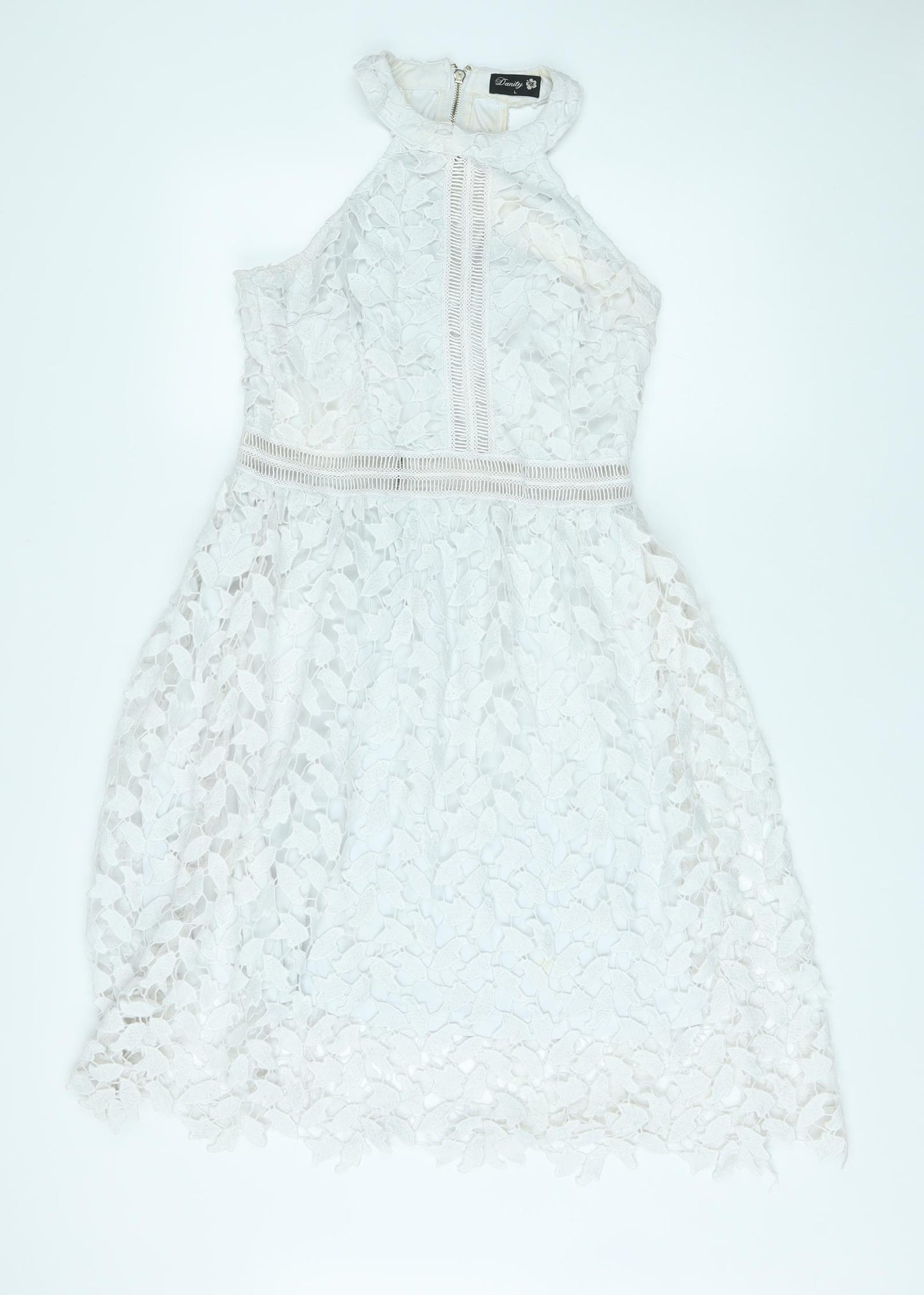 Danity Womens White Geometric Polyester A-Line Size L Halter Zip - Crochet