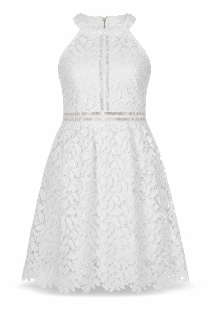 Front view of Danity women’s white geometric polyester a-line, size L, halter zip - crochet