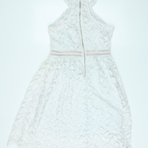 Danity Womens White Geometric Polyester A-Line Size L Halter Zip - Crochet