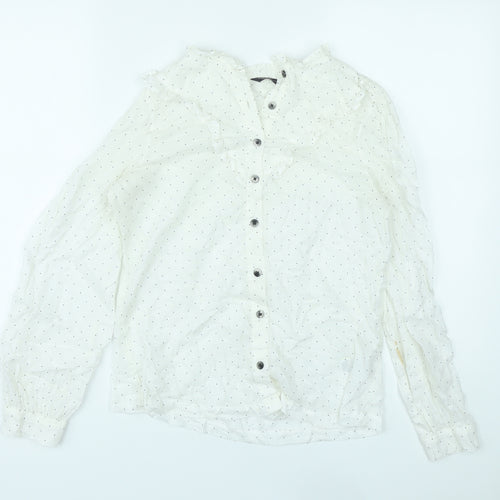 Marks and Spencer Womens White Polka Dot Lyocell Basic Button-Up Size 8 V-Neck