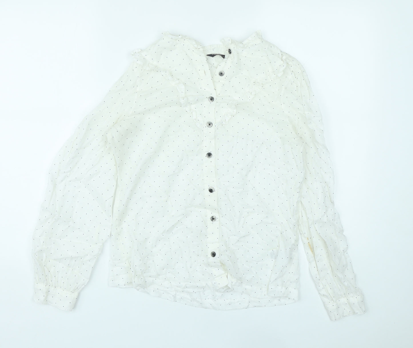 Marks and Spencer Womens White Polka Dot Lyocell Basic Button-Up Size 8 V-Neck