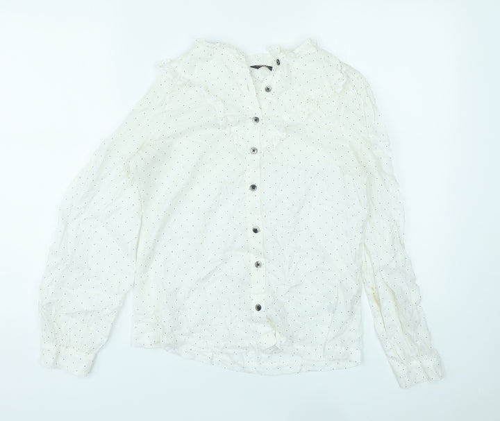Marks and Spencer Womens White Polka Dot Lyocell Basic Button-Up Size 8 V-Neck