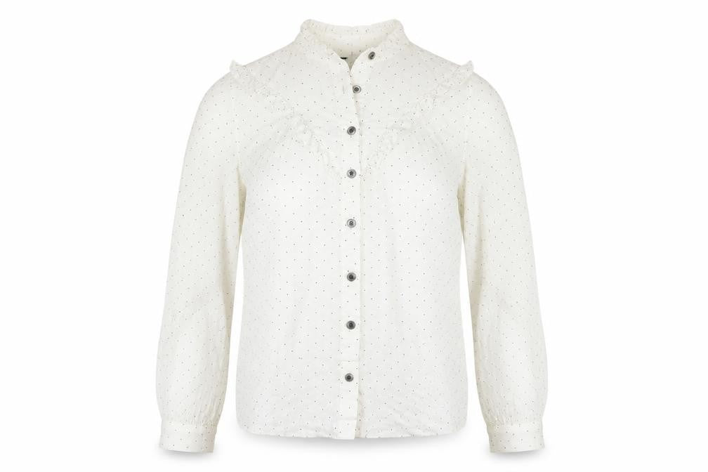 Front view of Marks & Spencer women’s white polka dot lyocell basic button-up, size UK 8, v-neck