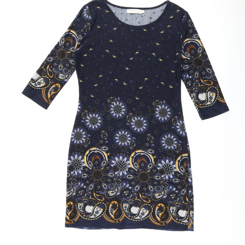 Purplish London Womens Blue Floral Polyester Bodycon Size L Round Neck Pullover