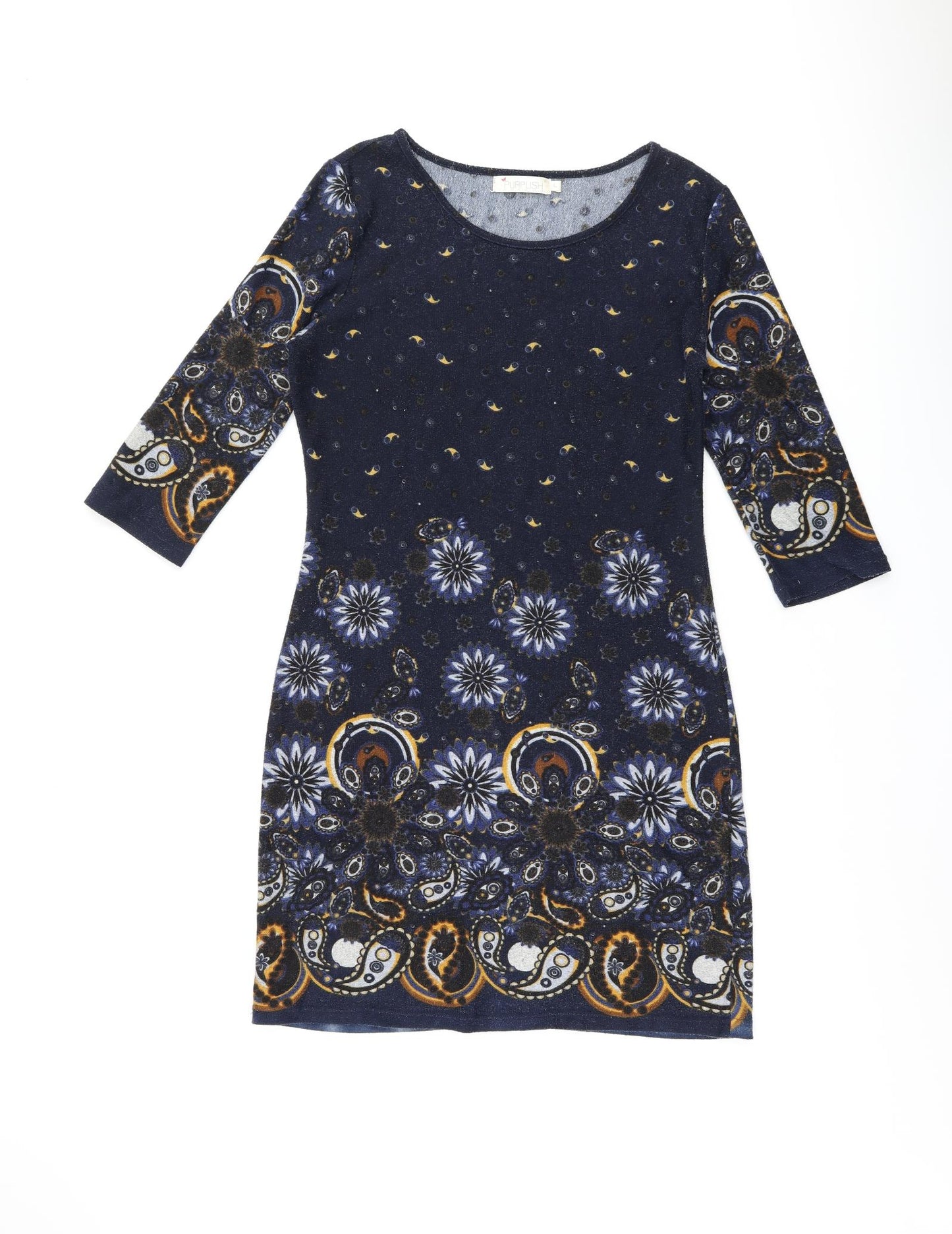 Purplish London Womens Blue Floral Polyester Bodycon Size L Round Neck Pullover