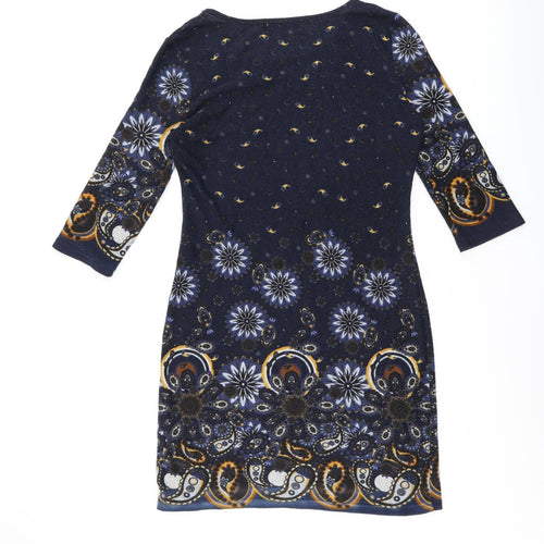 Purplish London Womens Blue Floral Polyester Bodycon Size L Round Neck Pullover