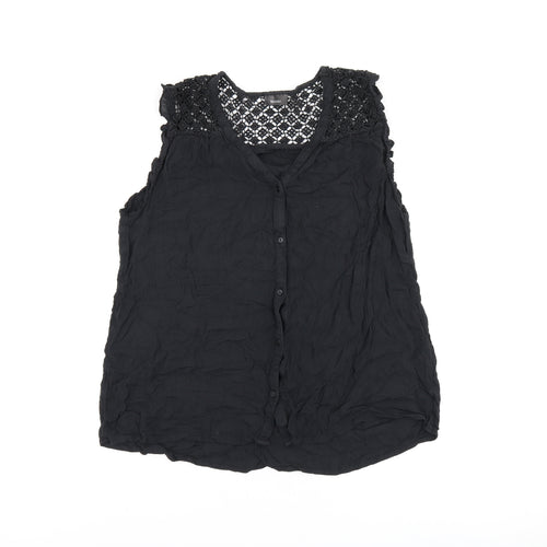 Yessica Womens Black Cotton Basic Button-Up Size 14 V-Neck
