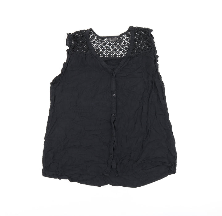 Yessica Womens Black Cotton Basic Button-Up Size 14 V-Neck