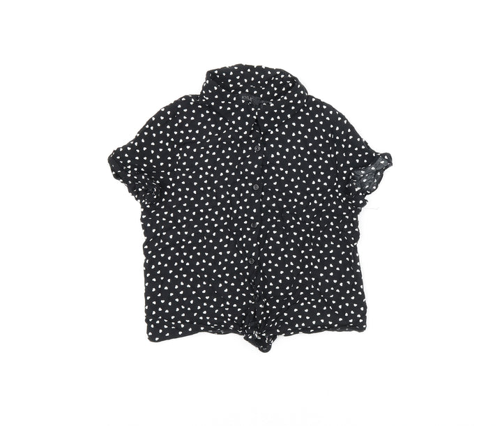 M&Co Girls Black Geometric Viscose Basic Button-Up Size 12 Years Collared Button - Heart Print
