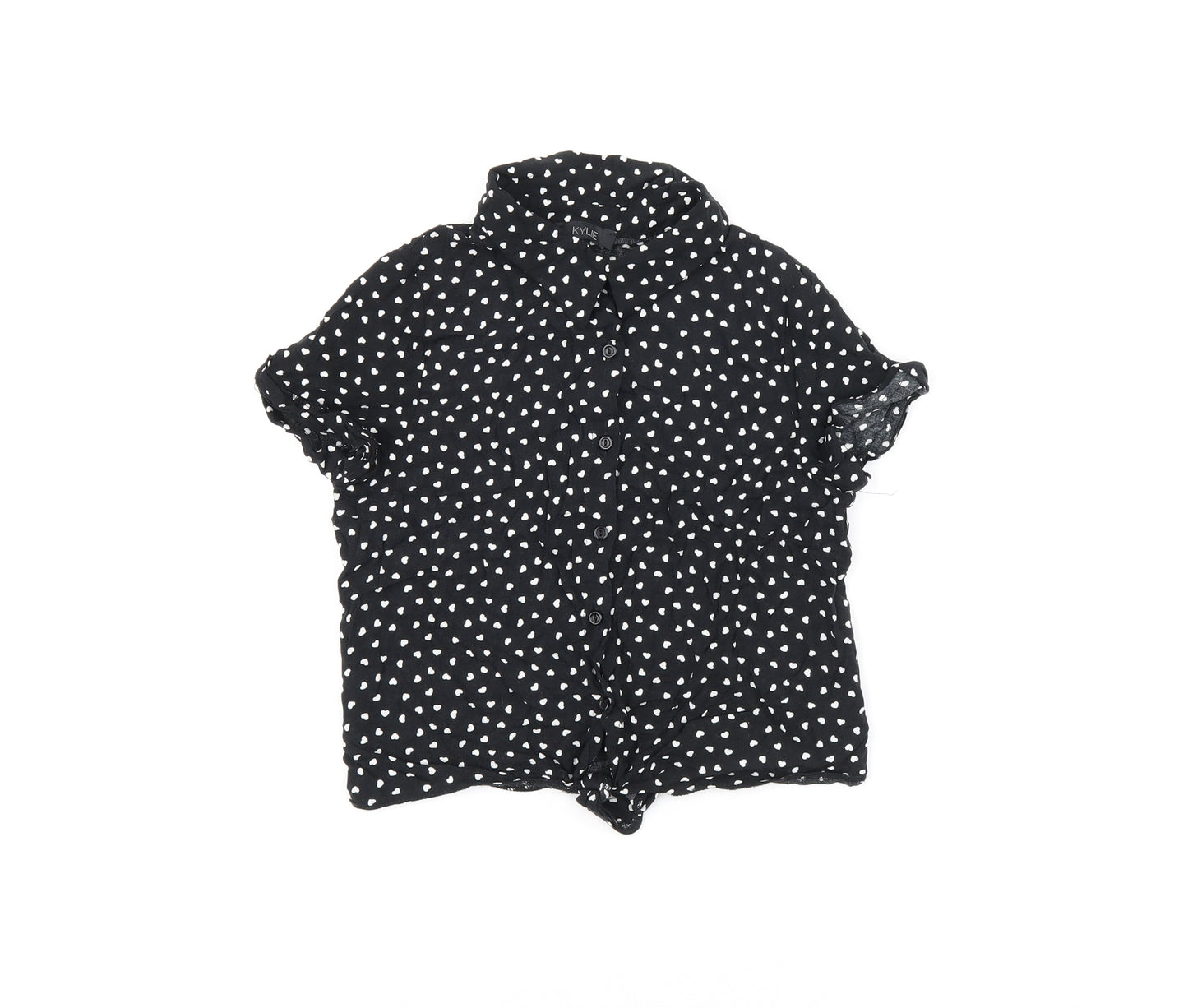 M&Co Girls Black Geometric Viscose Basic Button-Up Size 12 Years Collared Button - Heart Print
