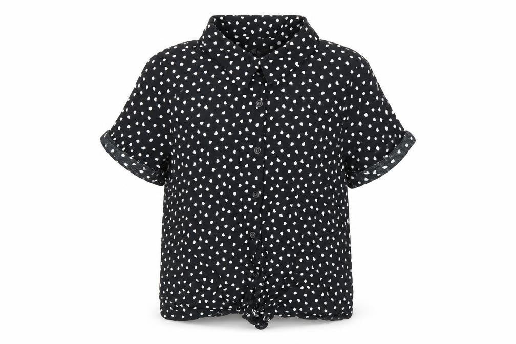 Front view of M&Co girls’ black geometric viscose basic button-up, size 12, years collared button - heart print