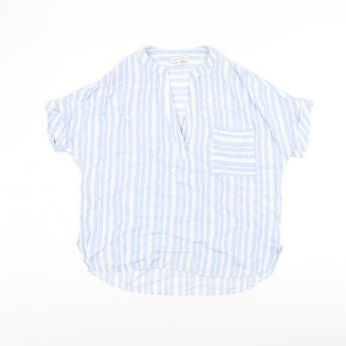 Warehouse Womens Blue Striped Viscose Basic T-Shirt Size 6 V-Neck