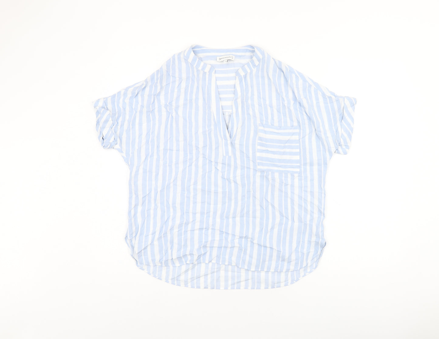 Warehouse Womens Blue Striped Viscose Basic T-Shirt Size 6 V-Neck