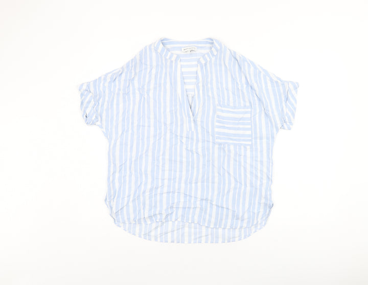 Warehouse Womens Blue Striped Viscose Basic T-Shirt Size 6 V-Neck