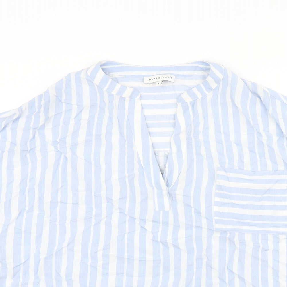 Warehouse Womens Blue Striped Viscose Basic T-Shirt Size 6 V-Neck