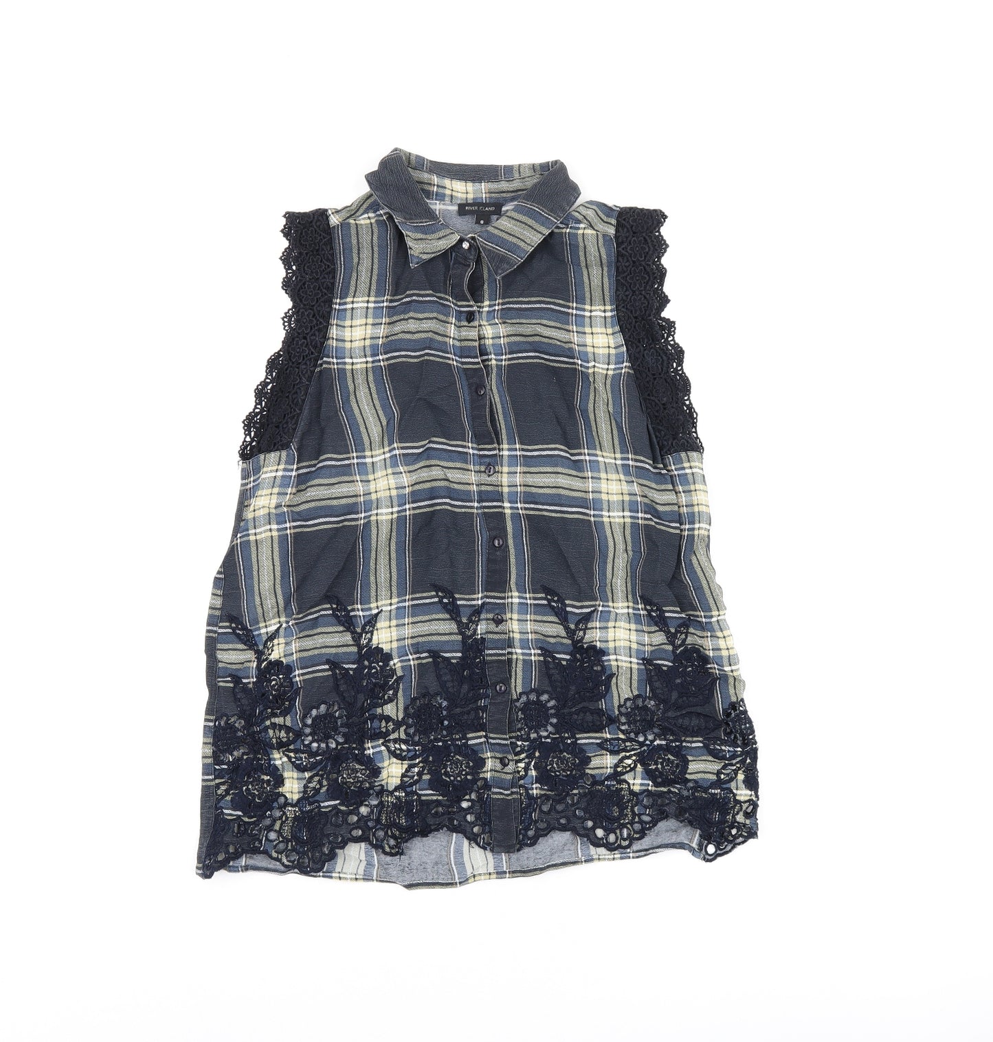 River Island Womens Blue Plaid Polyester Basic Button-Up Size 8 Collared