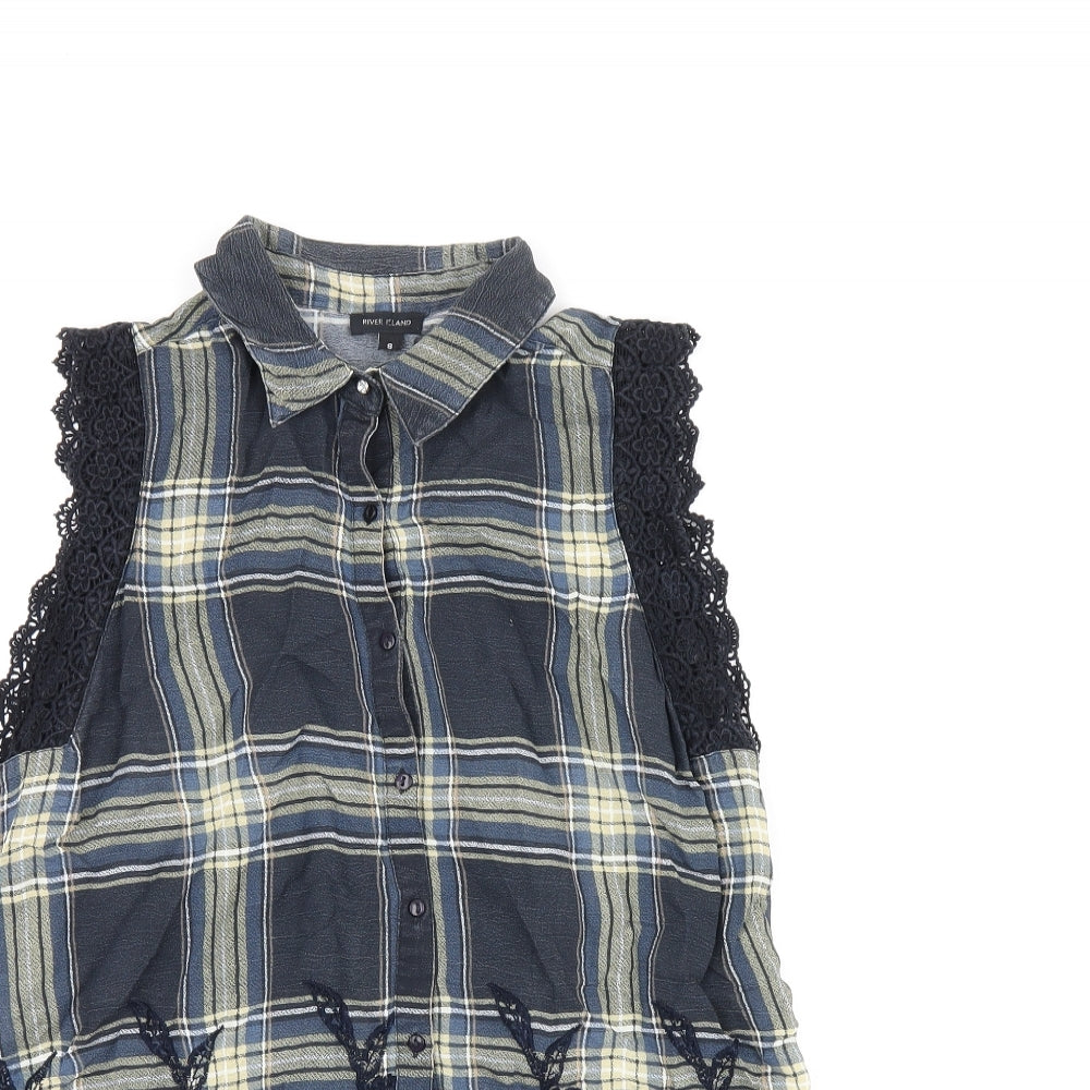 River Island Womens Blue Plaid Polyester Basic Button-Up Size 8 Collared