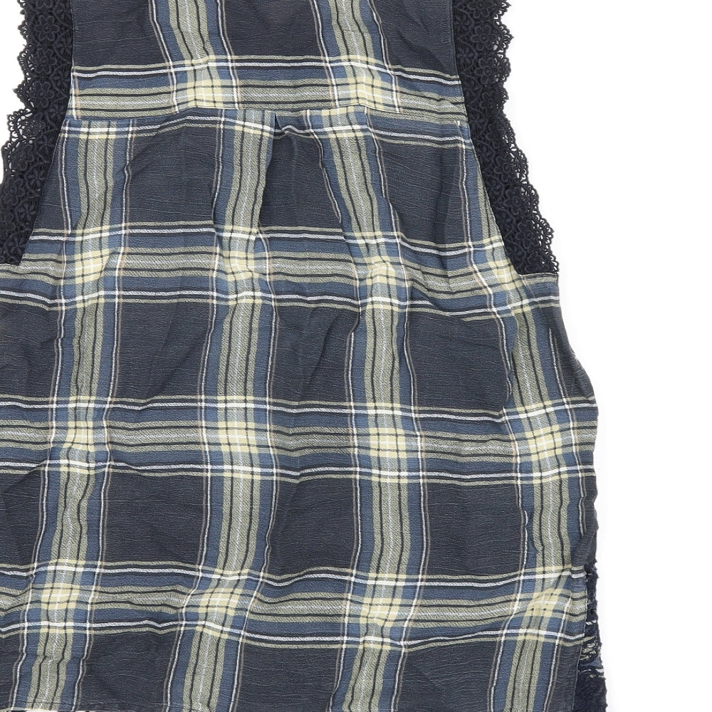 River Island Womens Blue Plaid Polyester Basic Button-Up Size 8 Collared