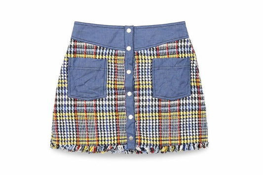 Front view of Zara women’s multicoloured geometric cotton mini skirt, size S, snap
