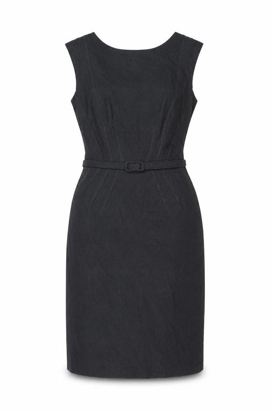 Front view of Marks & Spencer women’s grey polyester ball gown, size UK 12, boat neck zip - belted
